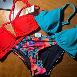 Red Bandeau Bikini Top with Roxy Black Floral Tie-Side Bottoms, added 2nd top